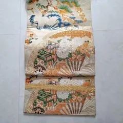 正絹 袋帯 鶴 松 扇面 吉祥文様 金銀糸使用 フォーマル　全通柄