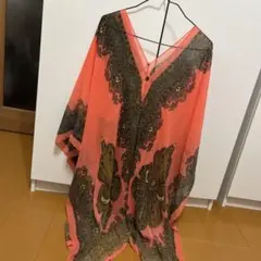 コーラルピンク ペイズリー柄 ワンピース　ガウン