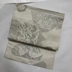 名古屋帯　正絹　鳥　花　白　灰