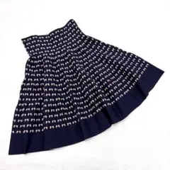 【エムズグレイシー】リボン ニットスカート 総柄 ネイビー フレア ハイウエスト