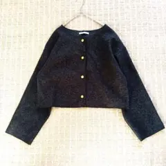 セール中‼️ノーカラージャケット ウール風 ダークグレー 黒 金ボタン美品