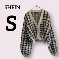 SHEIN【S】ハウンドトゥース柄 クロップド カーディガン ベージュ/黒