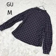 ジーユーGU【M】チェック柄 フリルネック 長袖ブラウス　長袖プルオーバー