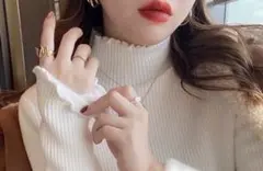 裏起毛 タートルネック ホワイト ハイネック ニット セーター リブ 無地 厚手