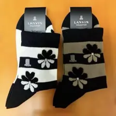 LANVANCOLLECTIONフラワー柄ソックス オフホワイト＆ソフトブラウン