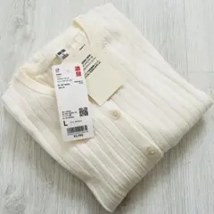 【新品】ユニクロ メリノリブクルーネックショートカーディガン オフホワイト L