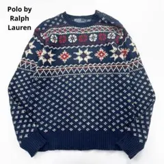 90s ラルフローレン リネン コットン ニット フェアアイル 総柄 肩ボタン