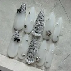 ネイルチップ ツイード ホワイト パール フレンチ ハンドメイド品