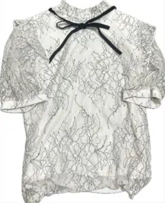 GRL リボン 半袖ブラウス 白 ガーリー レース 花柄