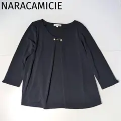 美品　ナラカミーチェ　フロントパール　ブラウス　ネイビー　S 七分袖　とろみ　1