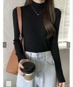 ハイネックリブニットトップス［Cu441］ブラック