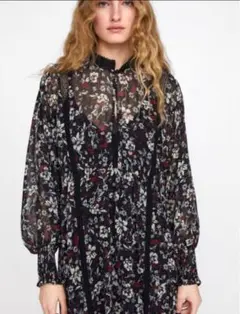 《訳あり》ザラ ロング丈 花柄 シアーワンピース 袖口シャーリング レース