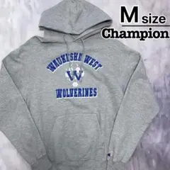 Champion　パーカー　M　グレー　プリント　カレッジ　ウルフ　ロゴ　古着