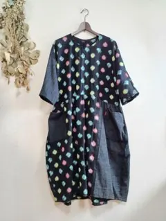 着物リメイクワンピース1783 久留米絣反物 ゆったりワンピース ロング