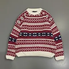 90sビンテージローゲージコットンニットネイティブパターンL古着短丈赤レッド