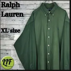 ラルフローレン 刺繍ロゴ 紫刺繍 長袖 BDシャツ グリーン XL