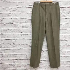 メンズスラックスパンツ タック センタープレス チェック ウール ブラウン