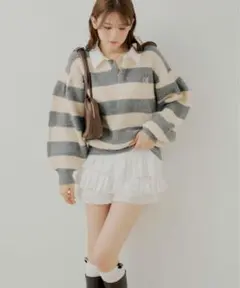 CHICO 半袖シャツレイヤードVネックニットフリルティアードショート