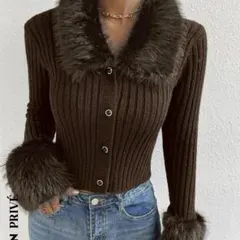 shein ブラウン ファジーカラーリブニット カーディガン S