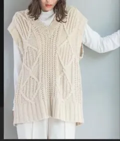 ベージュ ケーブルニット Vネック ニットベスト F
