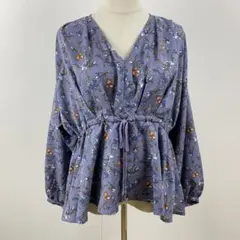 美品 GRL グレイル ウエストリボンブラウス シャツ トップス 花柄 Vネック