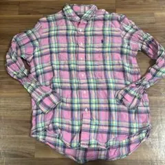 ④ ポロラルフローレン リネン　シャツ マドラスチェック　長袖シャツ　ピンク