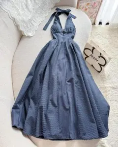 【極美品】Anna ホルターネック ロングワンピース ストライプ ネイビー