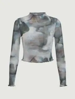 Mサイズ ニュアンスグレー 透けフリル長袖トップス 重ね着 シースルー