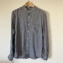 ギンガムチェック　麻　ノーカラーシャツ