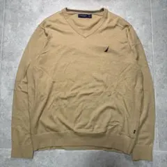 【NAUTICA】 ニット セーター Vネック L ベージュ 刺繍ロゴ 長袖