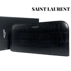 希少✨サンローラン 長財布 ラウンドファスナー クロコ型押し レザー ブラック