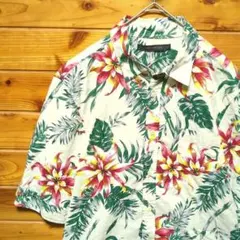 アロハシャツ　花柄　総柄　ボタニカル柄　麻　リネン　含む　半袖シャツ　Ⅼ　古着のサムネイル