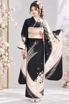 振袖 黒地 桜 花柄 金彩 華やか ラメキラキラ　成人式 結婚式