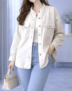 ノーカラー ジャケット M アイボリー 綿100％ 春 秋 羽織り