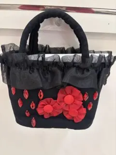 ハンドメイド黒・赤 花飾り トートバッグ 約20cm