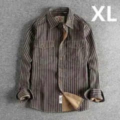 シャツ　長袖　メンズ　ヘビーウェイト　レトロ　ストライ　オーバーシャツ　XL 紺