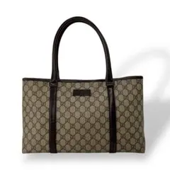 グッチ　GGスプリーム　トートバッグ　肩掛け可　革ロゴ　ベージュ　PVCレザー