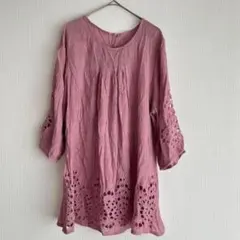 レースカット五分袖チュニック　シャツ　ブラウス　韓国製　F 春夏 a1532