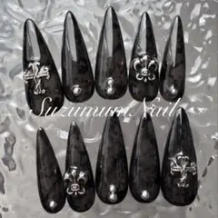 ネイルチップ ロングネイル ギャル クロムネイル サブカル 黒マーブル 韓国