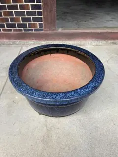 【アンティーク品】盆栽鉢 陶器 藍色 貫入釉 丸鉢のサムネイル
