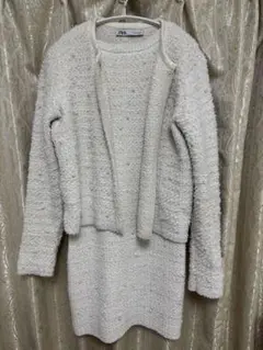 ZARA パールニットワンピース ラメ カーディガン セットアップ　アイボリー