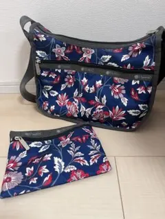 【美品】レスポートサック　花柄 ショルダーバッグ 紺 ネイビー ポーチ付きのサムネイル