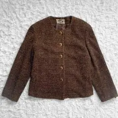 ノーカラー ツイード ジャケット L ブラウン 金ボタン ショート丈 短丈