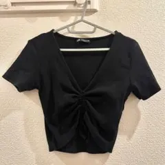 ZARA ブラック 半袖Vネック クロップドトップス Lサイズ
