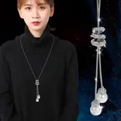 パールネックレス シルバー 華奢 大人可愛い 韓国っぽ 結婚式 ロング シンプル