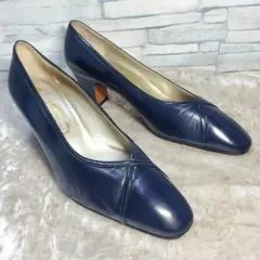 【美品】✨ギンザヨシノヤ 22.5cm パンプス ネイビーブルー 青 レザー