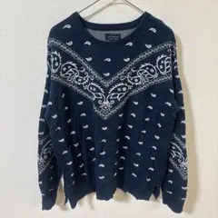 海外古着LUCKY BRAND バンダナ柄 ペイズリー ニット セーター 紺 L