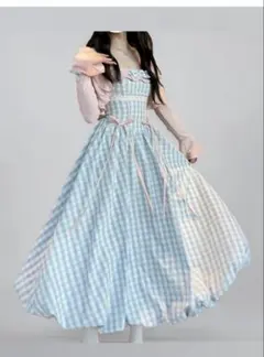 水色ギンガムチェックキャミワンピース+カーディガン2点セット　夏ワンピース