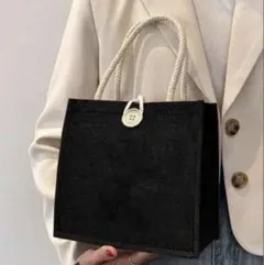 ★新品★麻の黒いトートバッグ ロープハンドル付き