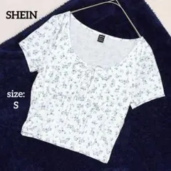 【美品】 シーイン 半袖 リブカットソー ショート丈 花柄 春夏 フェミニン Sのサムネイル
